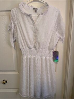 Justify White Swiss Dot Smocked-Waist Girls Dress with Tie Sleeves
